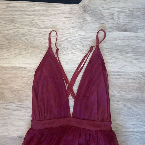 Fairy Grunge Boho Chic SHEIN Belle Plunging Neck Mesh-Overlay Dress Maroon S - Picture 10 of 10